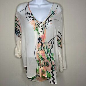 Yumi Kim Womens Floral Roll Tab Sleeves Cream Pink Button Top 100% Silk Size S